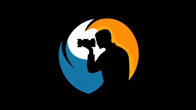 Silhouette of a photographer with blue and orange design elements, on black background