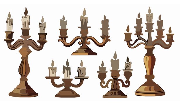 Ornate vintage candle holders and candelabras with lit candles decorative cartoon vector illustration set isolated on white