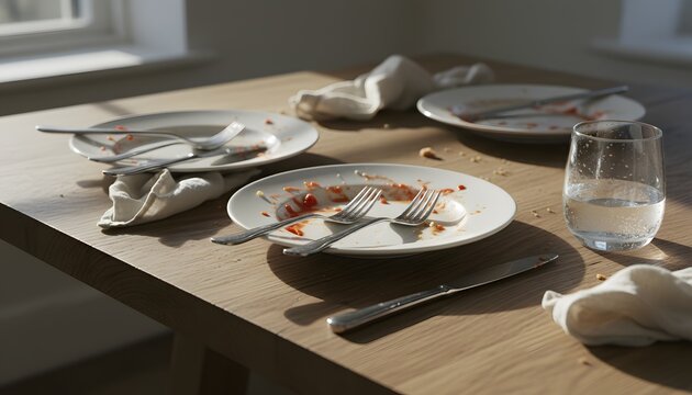 Messy dining table with used utensils and dirty ceramic plates after a gathering, representing a satisfaction and domestic life concept in bright morning sunlight