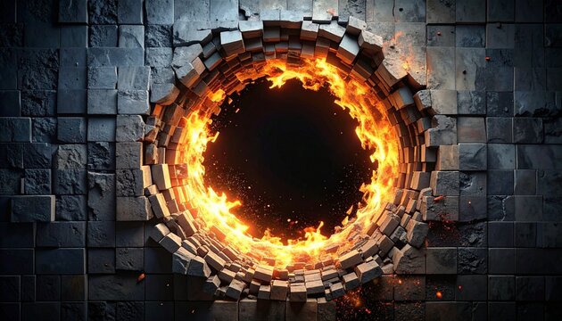 Burning Portal in Brick Wall An Intense Visual Concept for Transformation Destruction or Breakthroughs.