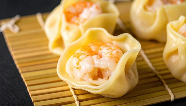 Perfectly formed har gow dim sum dumpling filled with plump shrimp, presented on a warm bamboo mat for a culinary delight