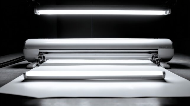 High quality laminating machine in action with clean white paper under bright lighting
