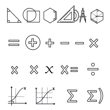 Mathematics Symbols and Geometry Tools Collection - Line Art Icons