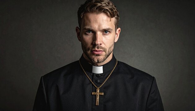 Portrait of a young priest with a gold cross looking intently at the viewer in a simple elegant studio shot.