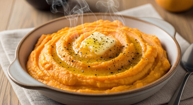 Steaming creamy orange vegetable mash with melting butter in a ceramic bowl