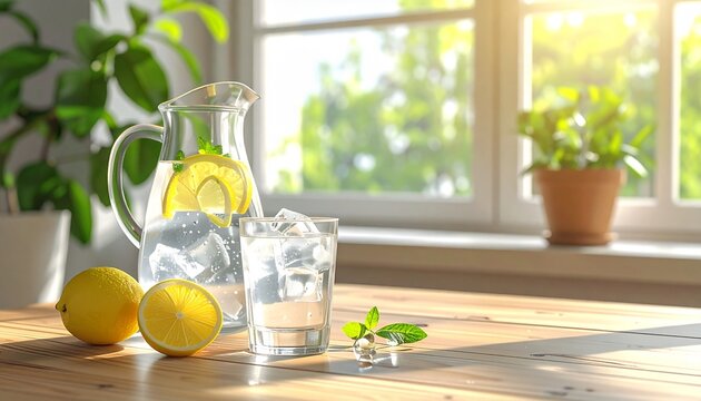 Refreshing hydration with lemon and mint on a sunlit wooden table promoting well being and healthy lifestyle.