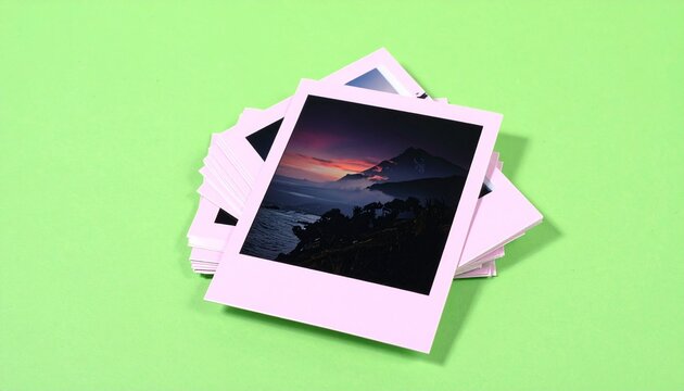 Stack of Polaroid Photos with Mountain Landscape on a Green Background for Memories and Nostalgia.