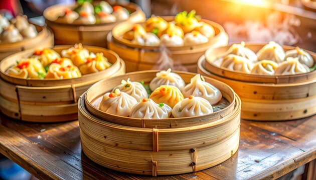 Steaming Dim Sum Dumplings Piled High in Bamboo Baskets, Showcasing Delicate Har Gow with Visible Shrimp