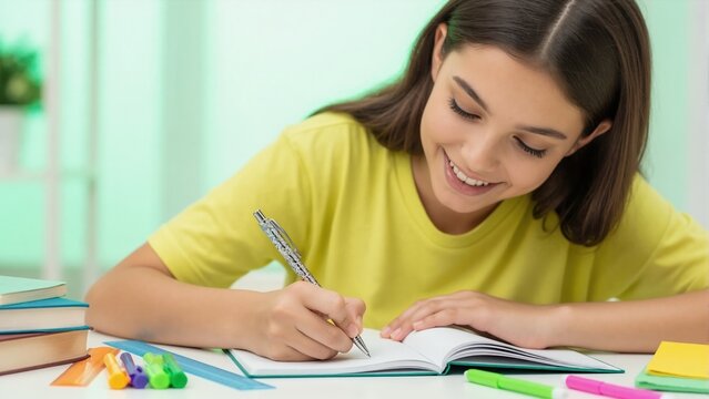 Smiling teenage girl writing in notebook at her desk. Happy student doing homework with school supplies at home. Education and learning concept