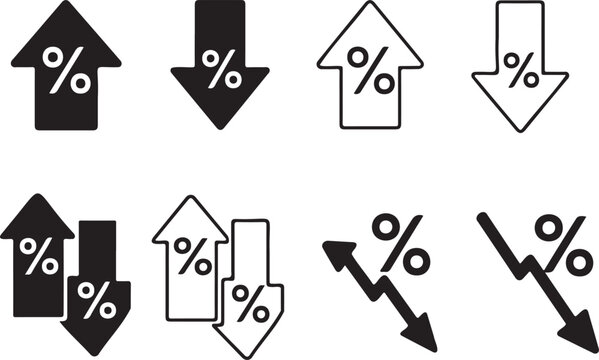 percentage arrow icon set black symbols, finance growth graphic elements collection, percent chart icons isolated