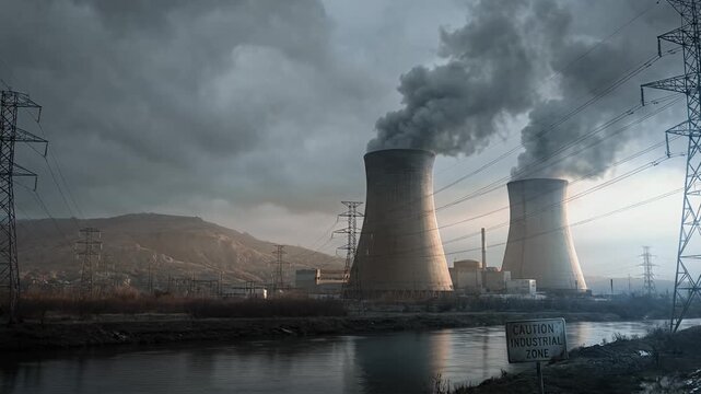 cooling towers industrial power plant by river with smoke and overcast sky