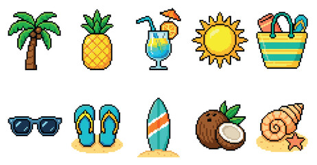 Obraz premium This collection of pixel art icons captures the essence of summer vacation, featuring beach essentials like a palm tree, pineapple, cocktail, sun, beach bag, sunglasses, flip-flops, surfboard, coconut
