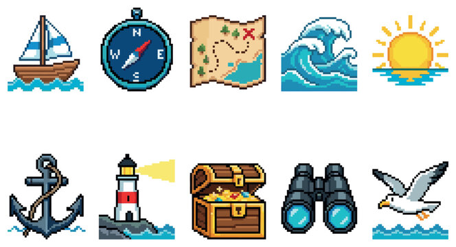 A collection of vibrant pixel art icons depicting nautical themes, including a sailboat, compass, treasure map, waves, sun, anchor, lighthouse, treasure chest, binoculars, and a seagull.