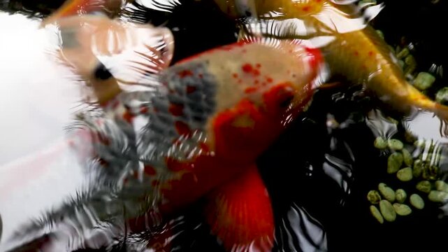 Cyprinus fish swimming in the pond, a group of koi fish looking for food in the clear pond. It golden red orange black and yellow of body koi fish.
