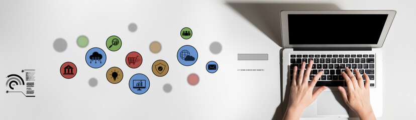 Fototapeta premium Set of business and digital service icons representing finance, cloud, analytics, email, communication, ecommerce, cybersecurity, and global connectivity in a modern ecosystem Latch