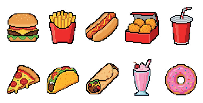 A collection of pixel art icons featuring popular fast food items like burgers, fries, hot dogs, pizza, and more, perfect for retro gaming or web design.