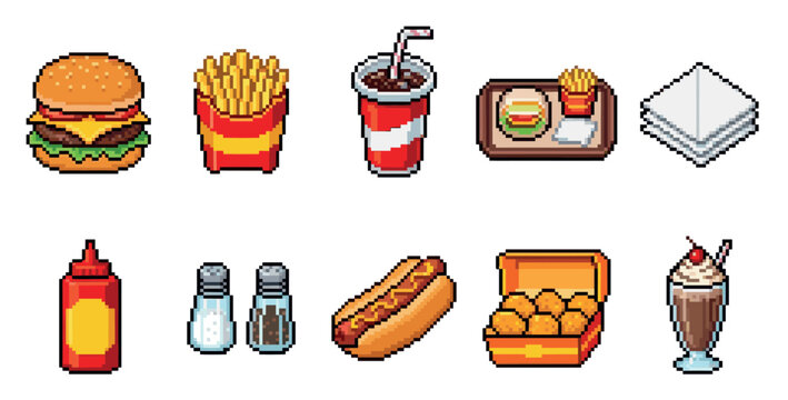 A vibrant collection of pixel art fast food icons featuring a burger, fries, soda, hot dog, nuggets, and milkshake.