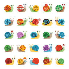 Cute Cartoon Snails Collection: Diverse Shell Patterns and Funny Faces © Keset