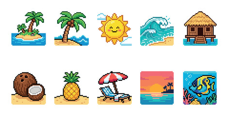 Obraz premium A collection of pixel art icons representing various tropical summer vacation elements including islands, palm trees, sun, waves, huts, fruit, and underwater scenes.