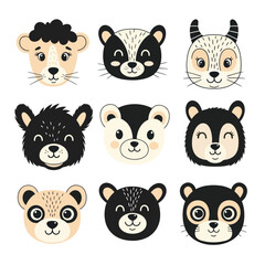 Cute Woodland Animal Faces Set: Bear, Skunk, Fox, Badger, Raccoon Icons © Keset