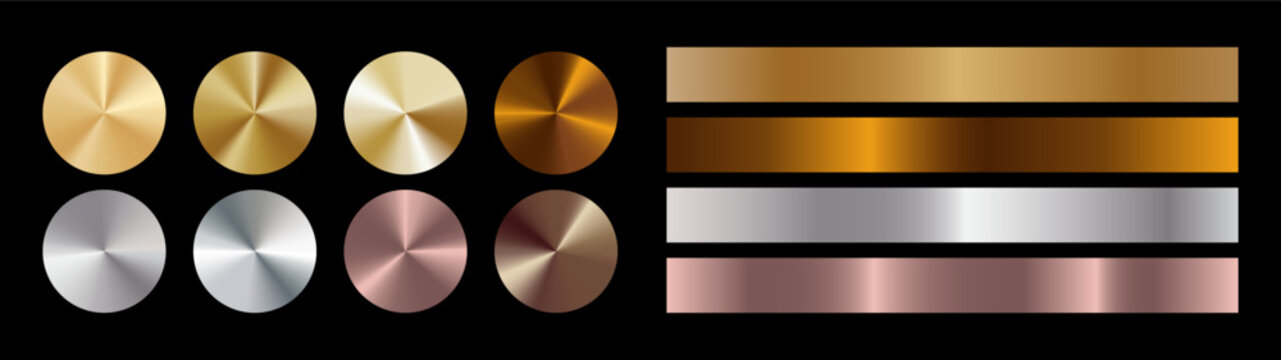 Gold radial and linear metal styles pack. Premium metallic gradient set. Golden, silver, rose gold, bronze. Glossy foil textures, smooth light reflections for luxury branding, covers, elegant design