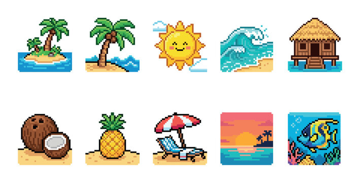 A collection of pixel art icons representing various tropical summer vacation elements including islands, palm trees, sun, waves, huts, fruit, and underwater scenes.