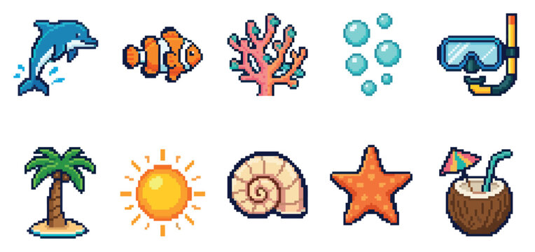 A vibrant collection of pixel art icons depicting summer ocean themes including a dolphin, clownfish, coral, bubbles, snorkel, palm tree, sun, shell, starfish, and coconut drink.