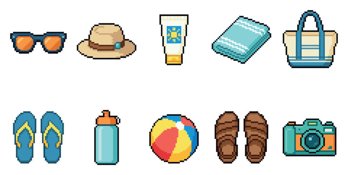 A pixel art collection of summer beach vacation items including sunglasses, hat, sunscreen, towel, bag, flip flops, water bottle, beach ball, sandals, and camera on a white background.