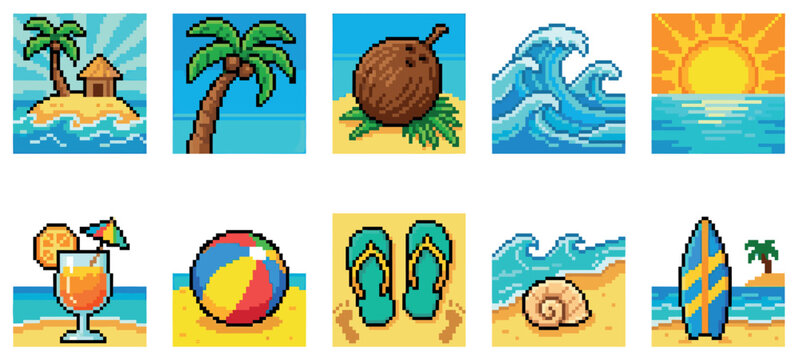 A collection of pixel art icons depicting various elements of a tropical beach vacation, including a palm tree hut, coconut, waves, sunset, cocktail, beach ball, flip-flops, seashell, and surfboard.