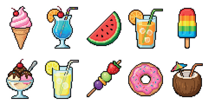 A vibrant collection of pixel art summer treats including ice cream, cocktails, watermelon, juice, popsicles, fruit skewers, donuts, and coconut drinks on a white background.