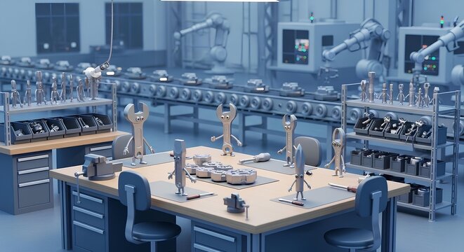 Futuristic laboratory workbenches with robotic worker tools and developer equipment for may day labor and workers union