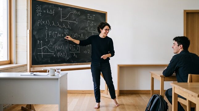 Young teacher explaining math concepts at blackboard in classroom  