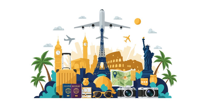 Flat lay illustration of iconic global landmarks like the Eiffel Tower and Statue of Liberty, with travel essentials like a map and camera, set against a clean white background