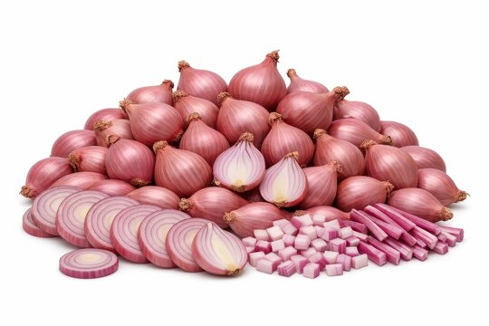 Fresh whole shallots stacked neatly, alongside sliced, diced, and julienned pieces. Vibrant pinkish-purple tones on a clean white background.