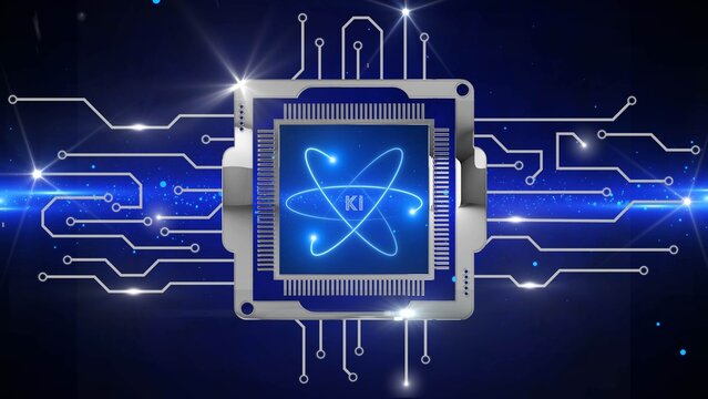 Futuristic illustration of a computer CPU chip on a technology background, word KI in the center - artificial intelligence concept - 3D illustration