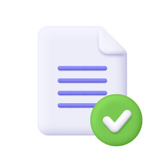 Fototapeta premium Document file with text lines and green check mark badge. Task management, verification, confirmation, completed file and approved report concept. 3d vector icon. Cartoon minimal style.