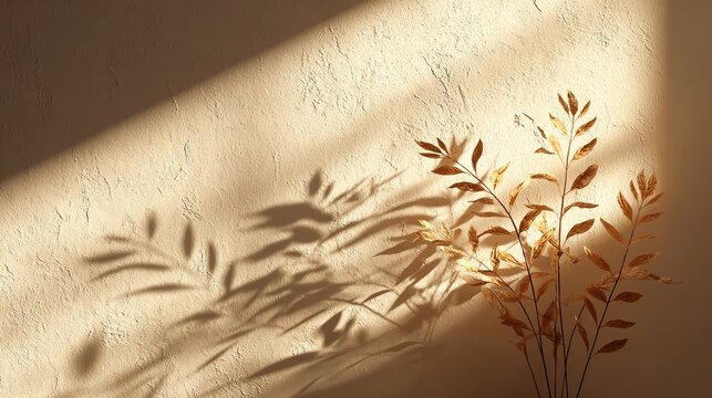 Warm Natural Sunlight Shadow on Beige Textured Wall, Elegant Dry Plant Branches Minimalist Neutral Aesthetic Background