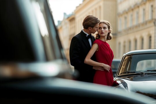 Portrait elegant couple in formal attire embracing near a classic black car while enjoying a romantic evening out in the city center, steet during a beautiful and stylish night time, outdoors