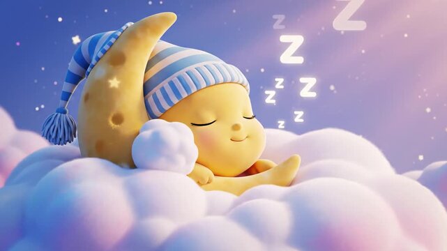 Cartoon moon sleeping on clouds
