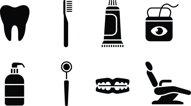 Dental hygiene icons tooth toothbrush floss and dental chair illustrations