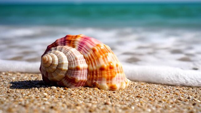 Close up of a seashell on sandy beach with ocean waves in the background
