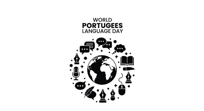 World Portuguese Language Day celebration with a globe and writing icons vector graphic illustration