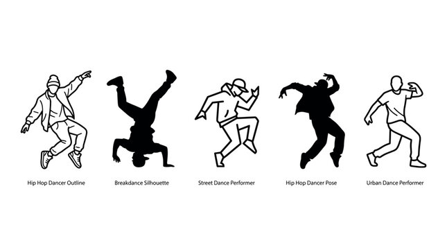 Dynamic hip hop dancers showcase various energetic street dance moves and poses in a collection of modern outline and silhouette illustrations.