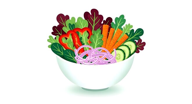 Colorful and vibrant vector illustration of a salad bowl filled with fresh vegetables including lettuce, carrots, red peppers, cucumbers, and radish noodles.