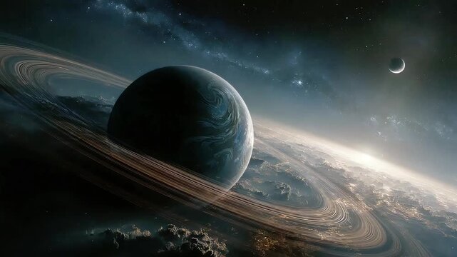 A breathtaking view of Saturn's rings and a tiny moon, evoking a sense of wonder and exploration. Perfect for science content and inspirational market