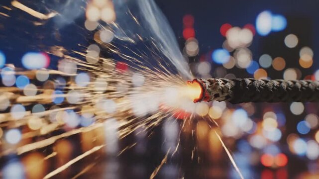 Close up of a lit firecracker with sparks against a blurred night cityscape