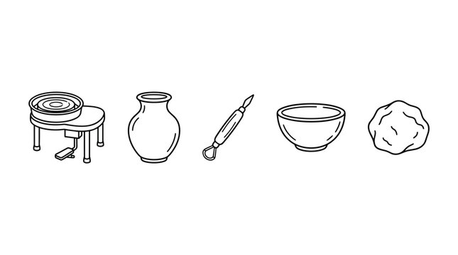 Pottery wheel vase tool bowl clay icons illustrate the creative process of ceramics and crafting beautiful handmade earthenware objects.