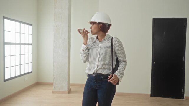 Woman architect in hardhat holds smartphone to mouth, speaking into phone in building room while assessing space; planning confidence.