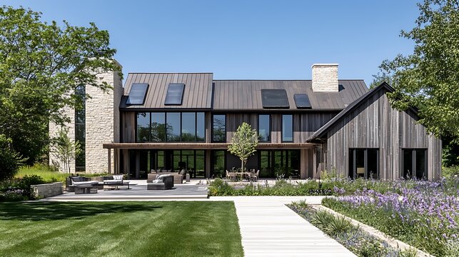 This luxury modern residential house features rustic timber cladding stone chimneys and large glass windows under a dark metal roof