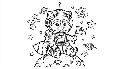 Cute Raccoon Astronaut Sitting on Moon Space Coloring Page for Kids © marjan
